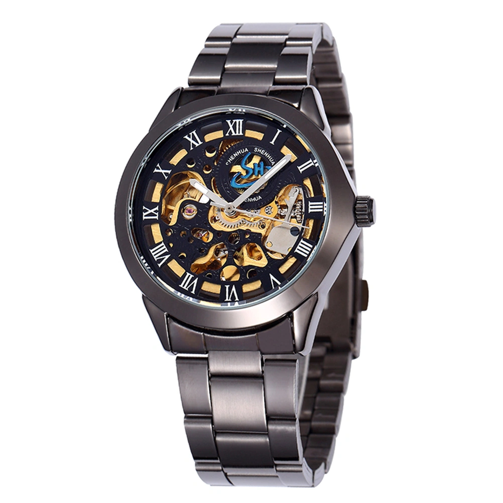 Men Hollow Style Automatic Mechanical Wrist Watch with Stainless Steel Band (Black)