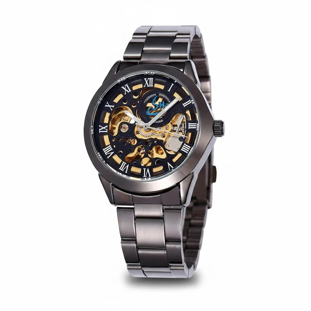 Men Hollow Style Automatic Mechanical Wrist Watch with Stainless Steel Band (Black)