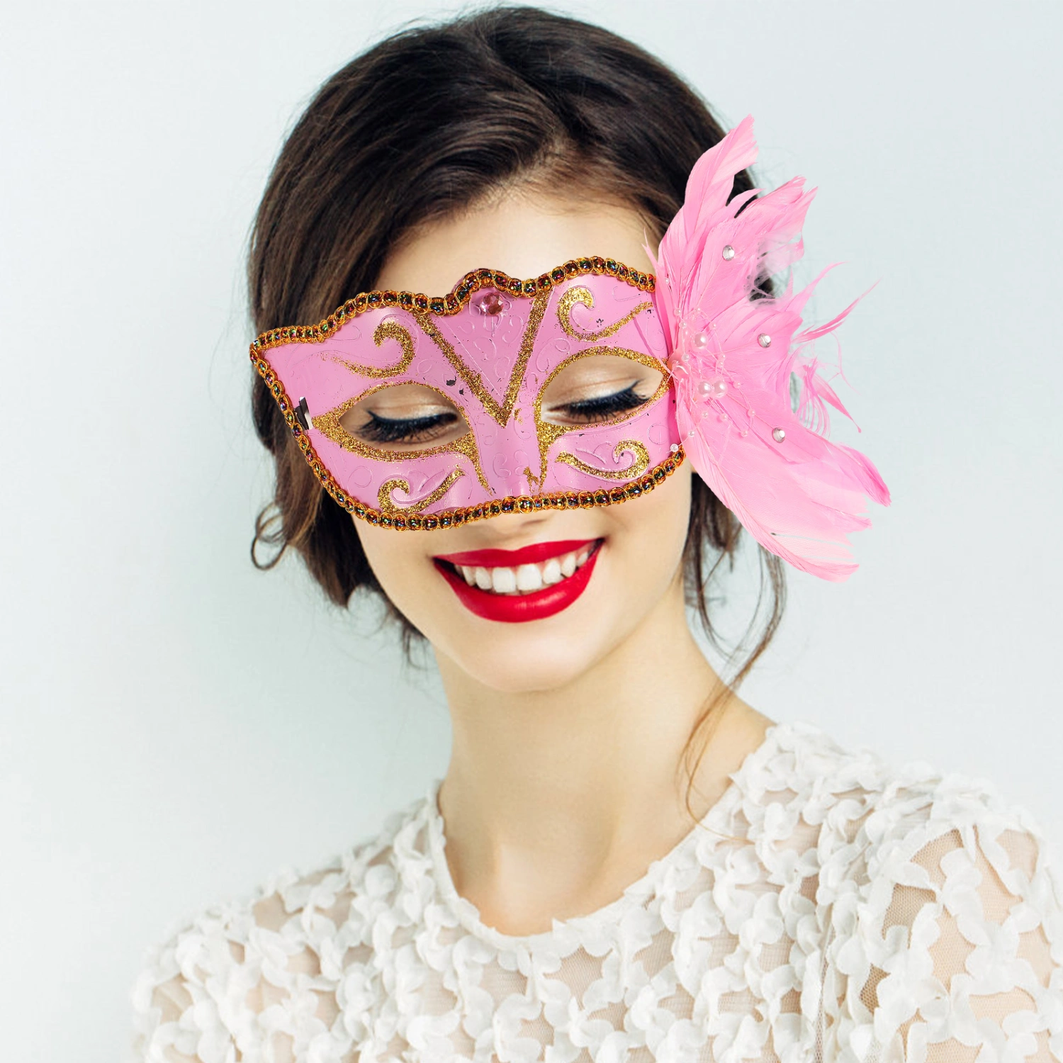 Pink  Half Face Mask Costume Prop Colorful Masquerade Party Mask for Cosply Performance Dancing Party