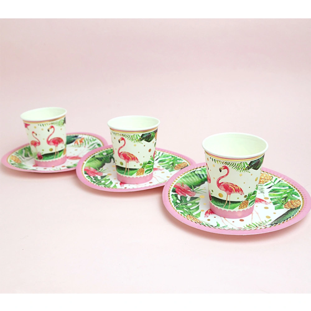 20pcs Disposable Cake Plates Paper Cups Flamingos Theme Party Paper Dishes Printing Tableware for Birthday Party (10pcs Plates, 10pcs Paper Cups)