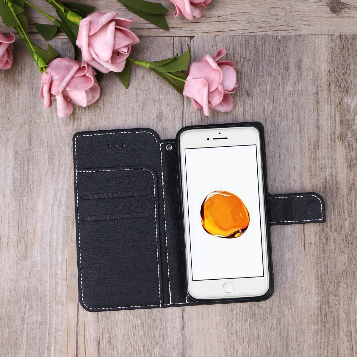 Fold Phone Case Retro Slot Wallet Phone Cover Anti-scratch Protective Shell for iPhone 7/8 (Black)