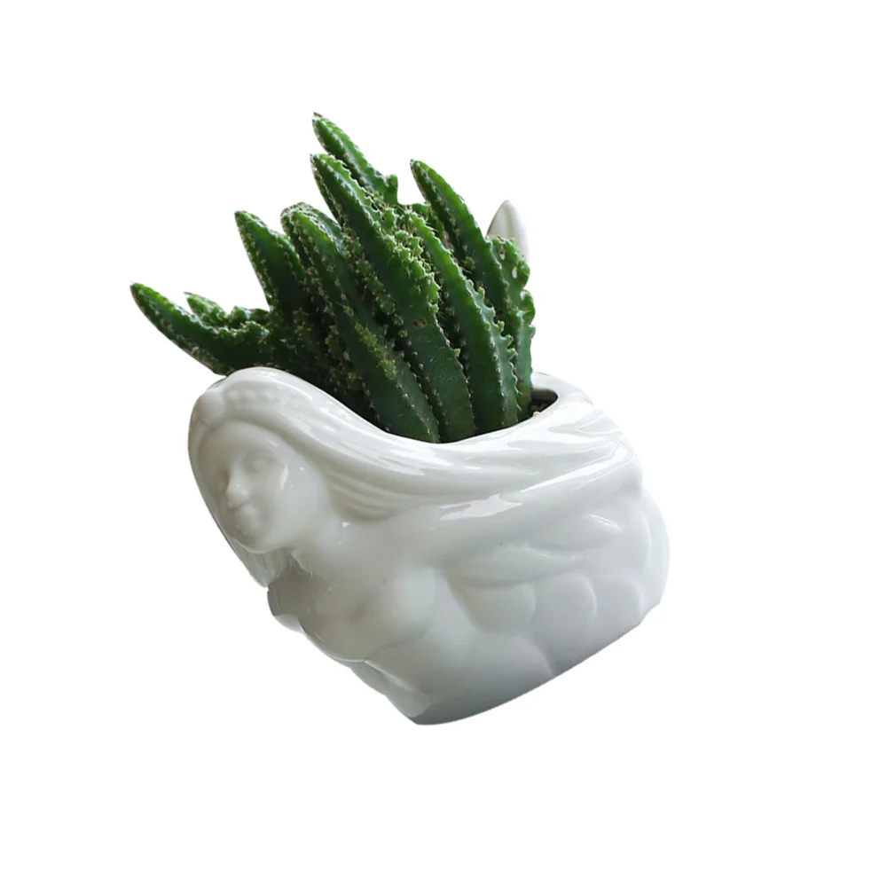 Cartoon Mermaid Style Flowerpot Ceramic Basin Succulent Plant Potted Acessories for Home Office Landscape Supplies (White)