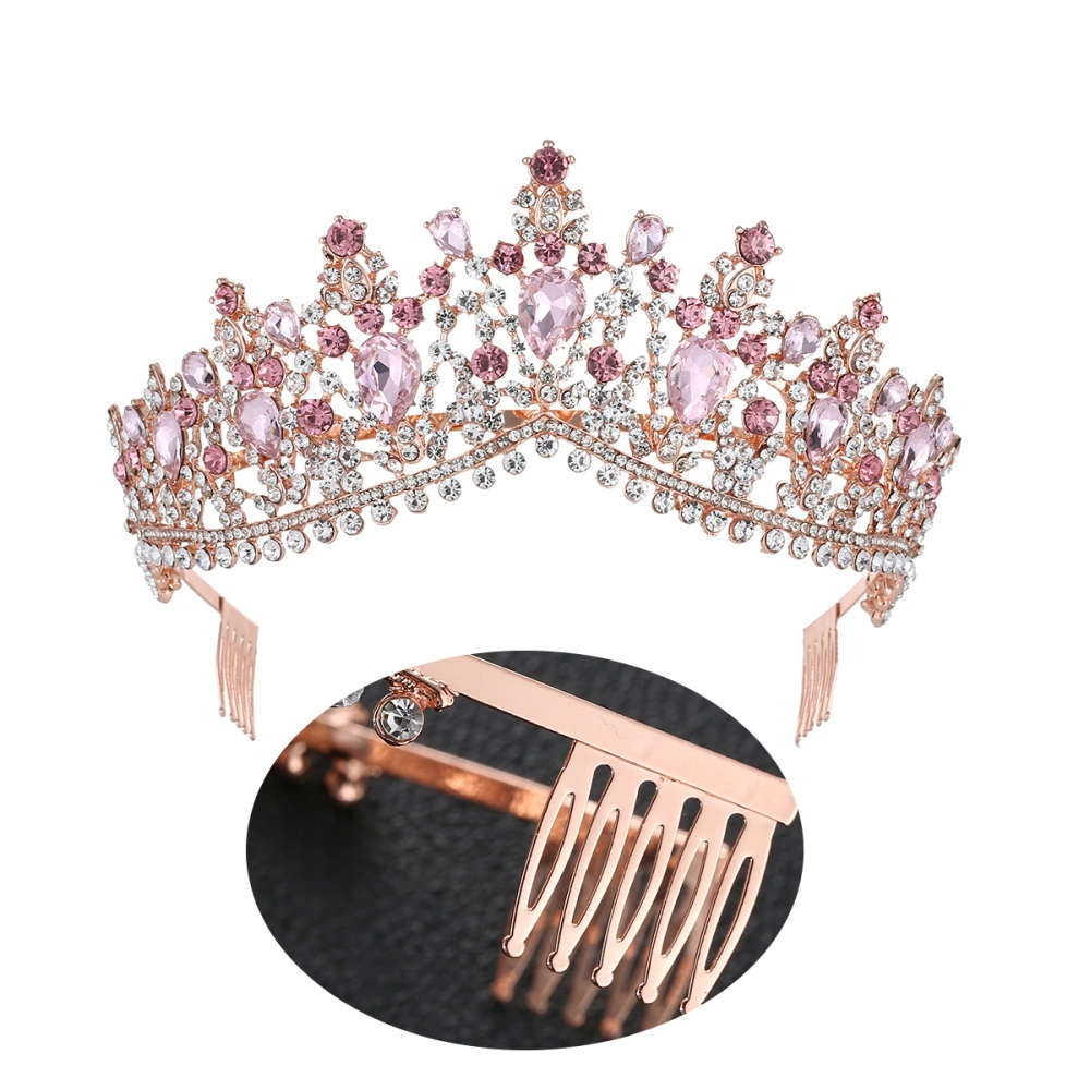 1PC Large Crown with Comb Alloy Rhinestone Crown Elegant Headdress for Woman Girl (Golden and Pink Rhinestone)