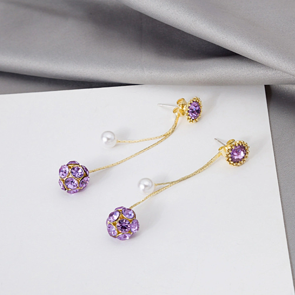 1 Pair Pearl Earrings Long Tassel Ear Jewelry Silver Needle Ear Studs (Purple)