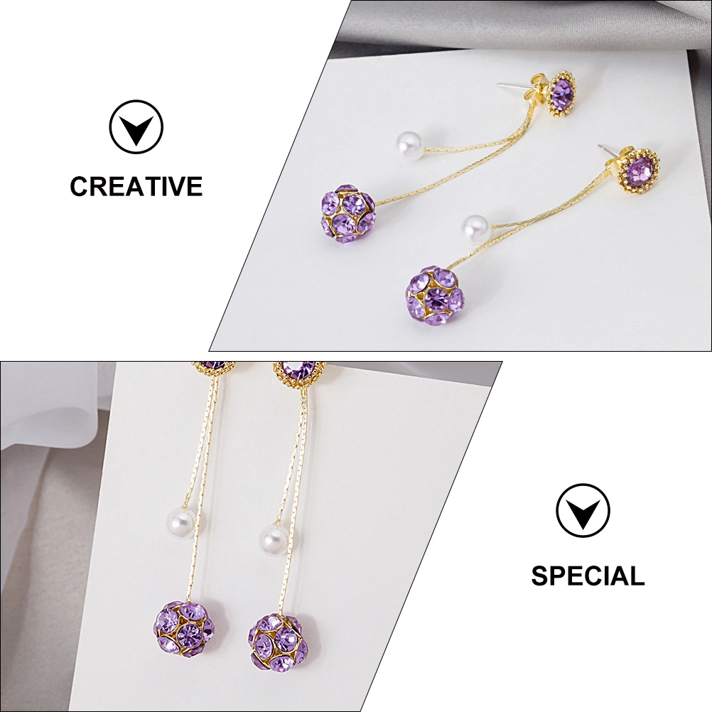 1 Pair Pearl Earrings Long Tassel Ear Jewelry Silver Needle Ear Studs (Purple)