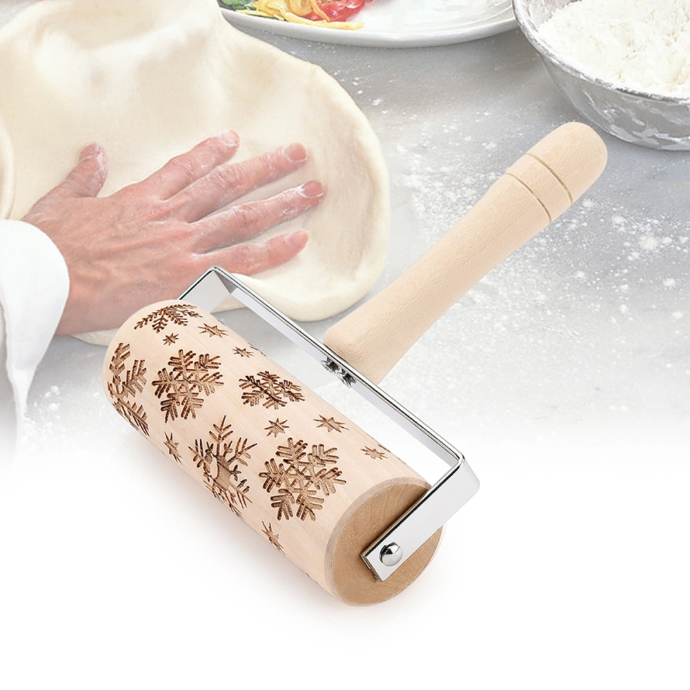 1PC Handheld Beech Engraved Rolling Embossing Pastry Dough Roller for Biscuit Fondant (Flower)