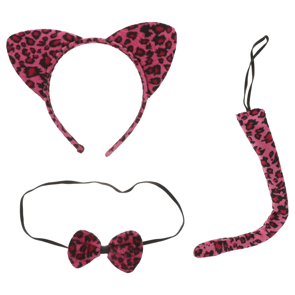 3Pcs Kids Cat Ears Headband Bow Ties Tail Set Party Cosplay Costume (Rosy Leopard Print)