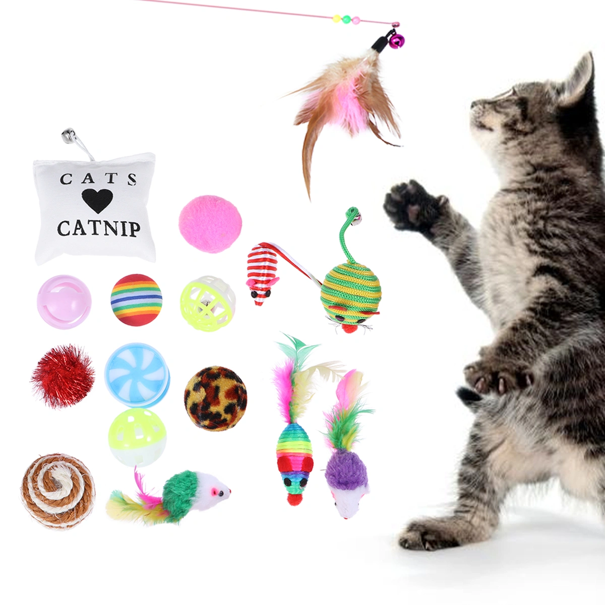 16 Pieces Cat Feather Toys Mice Animal Toys For Kitty Includes Funny Stick Toy Sisal Mice Scratch Ball Teaser