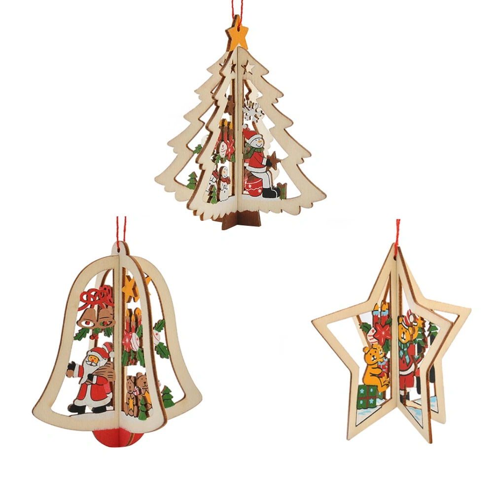 3pcs Delicate Wooden Five-pointed Star Christmas Tree Pendant Decoration Ornaments for Festival Party Hanging Xmas Tree Decor (Pentagram)