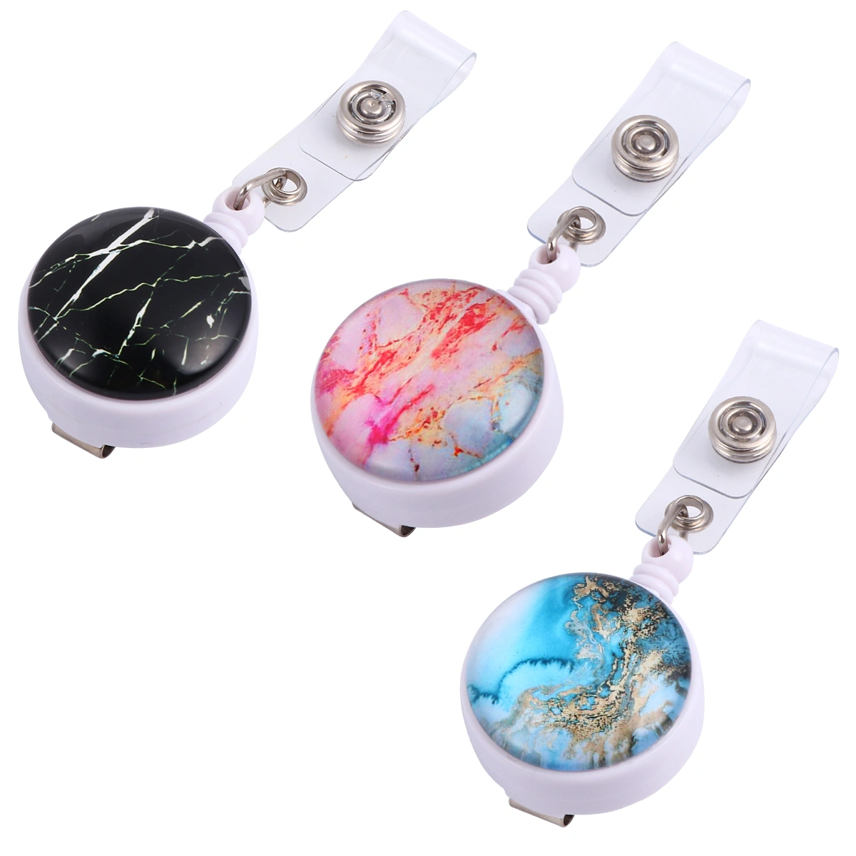 3pcs Marble Retractable Badge Holder Reel Clip with Reinforced ID Holder Strap