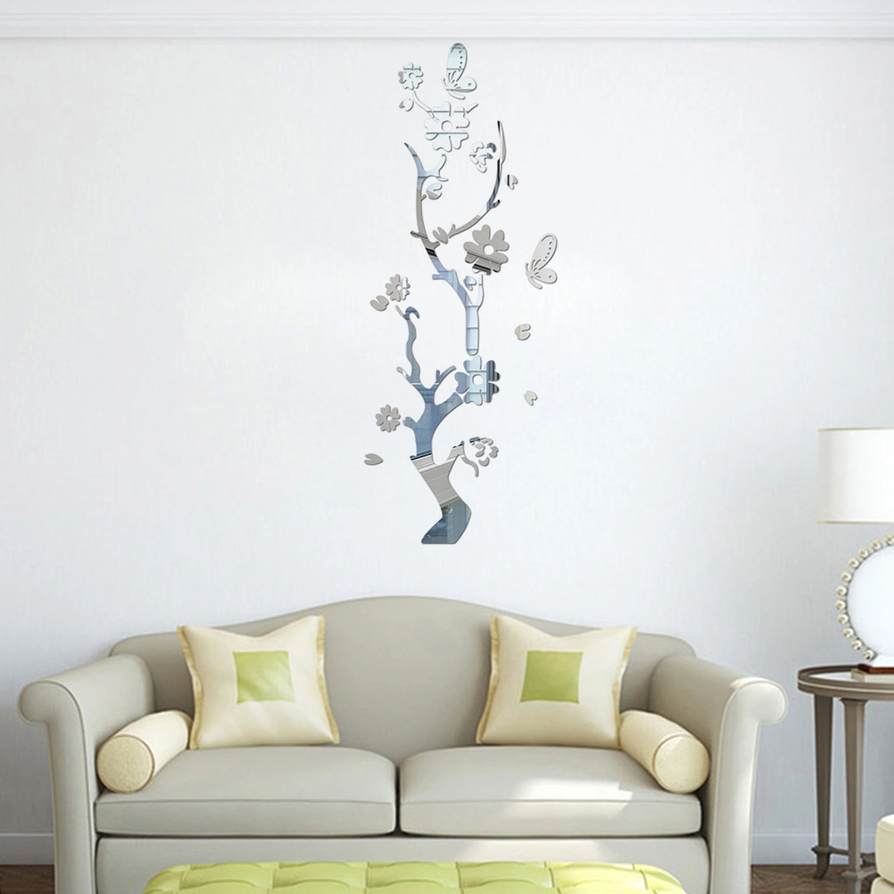 Plum Blossom Acrylic 3D Crystal Mirror Wall Sticker Home Porch Background Wall Sticker (Silver)