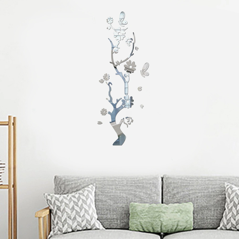 Plum Blossom Acrylic 3D Crystal Mirror Wall Sticker Home Porch Background Wall Sticker (Silver)
