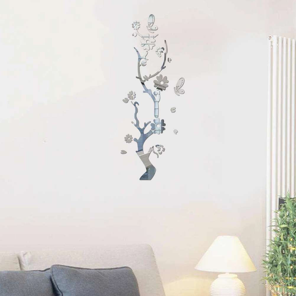 Plum Blossom Acrylic 3D Crystal Mirror Wall Sticker Home Porch Background Wall Sticker (Silver)