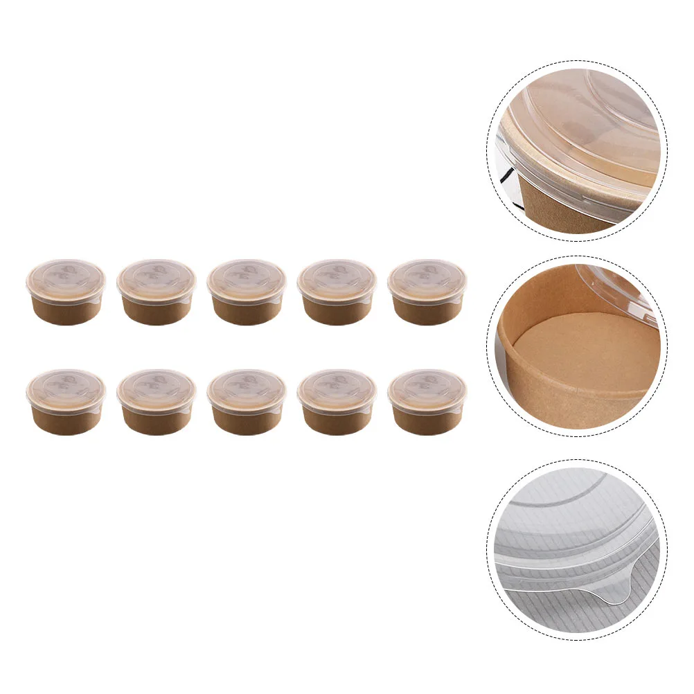 10Pcs Round Disposable Food Container Thicken Kraft Paper Bowls with Lid (Khaki)