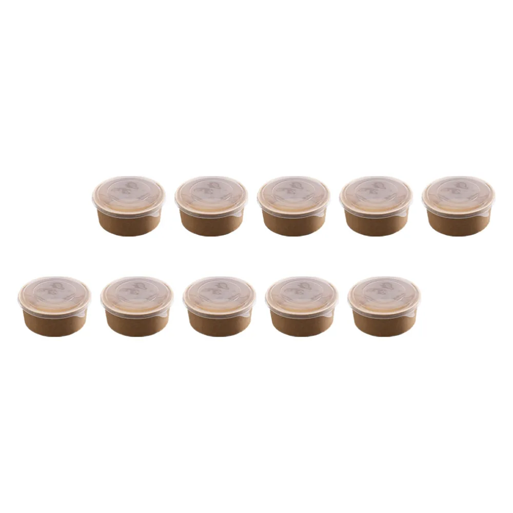 10Pcs Round Disposable Food Container Thicken Kraft Paper Bowls with Lid (Khaki)