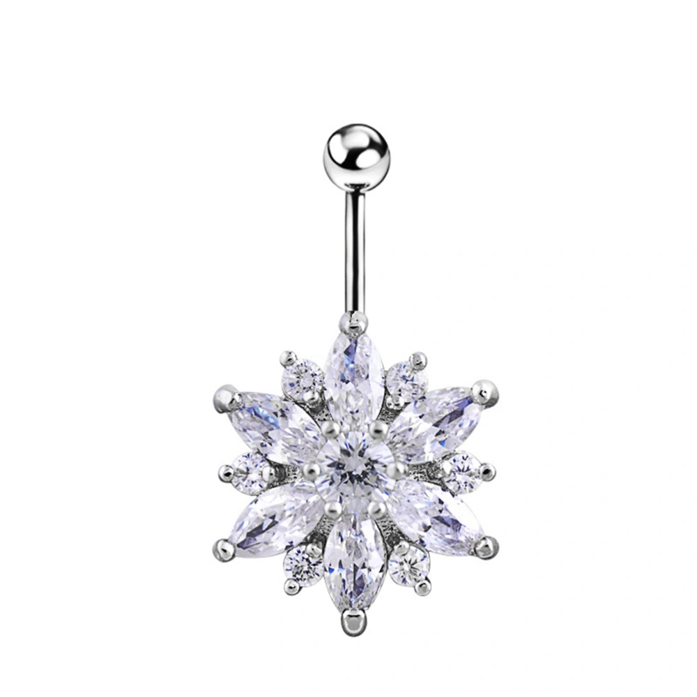 Belly Button Ring Crystal Diamond Flower Navel Piercing Studs Jewelry for Body Decoration (Silver Plating & White Rhinestone)