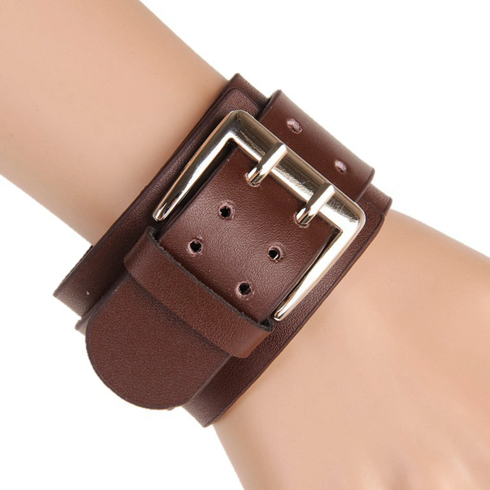 1pc Double Layers Leather Bracelet With Big Buckle Hand Chain Hand Ornament Wristband for Men (Coffee)