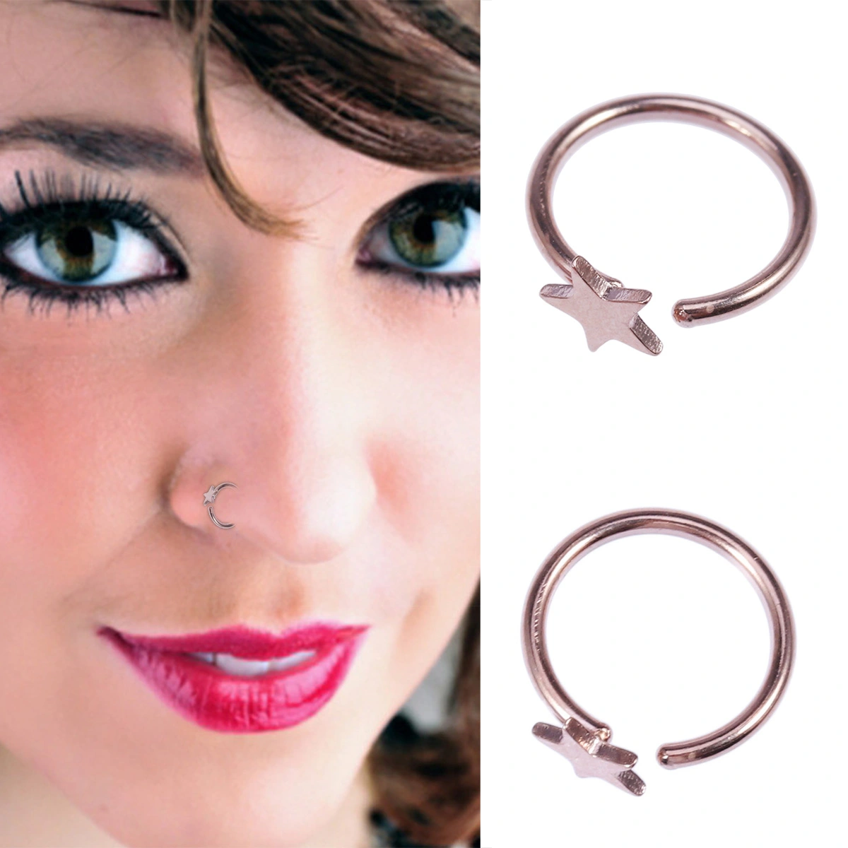 Women Stainless Steel Star Shape Nostril Nose Stud Ring Clip On Nose Body Jewelry (Rosy Gold)