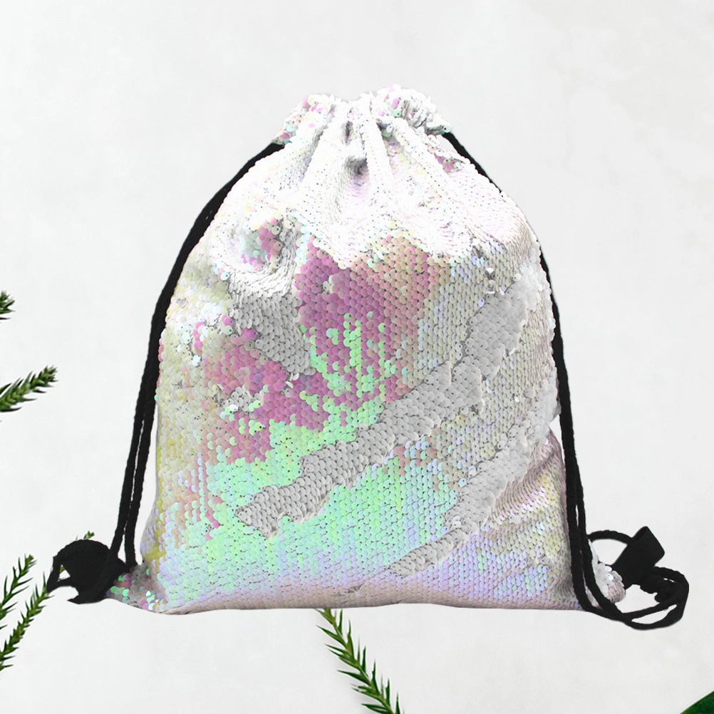 Polyester Drawstring Bag Sequin Pull String Backpack Reversible Polyester Storage Sackpack (Pink)