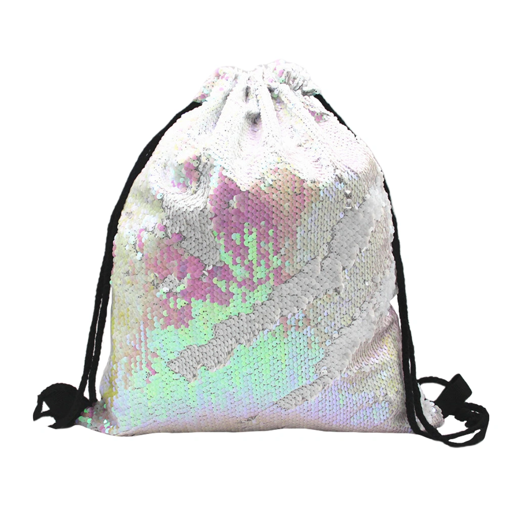 Polyester Drawstring Bag Sequin Pull String Backpack Reversible Polyester Storage Sackpack (Pink)
