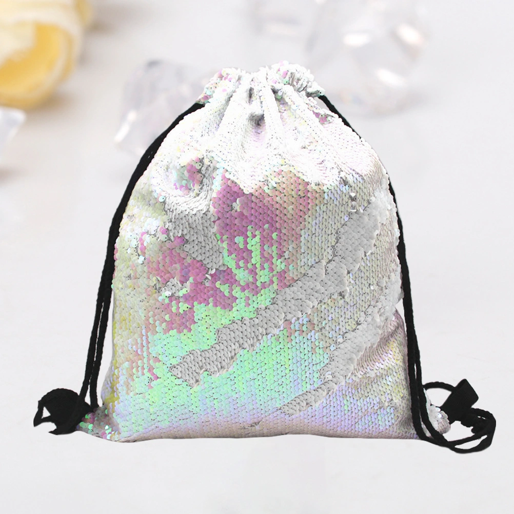Polyester Drawstring Bag Sequin Pull String Backpack Reversible Polyester Storage Sackpack (Pink)