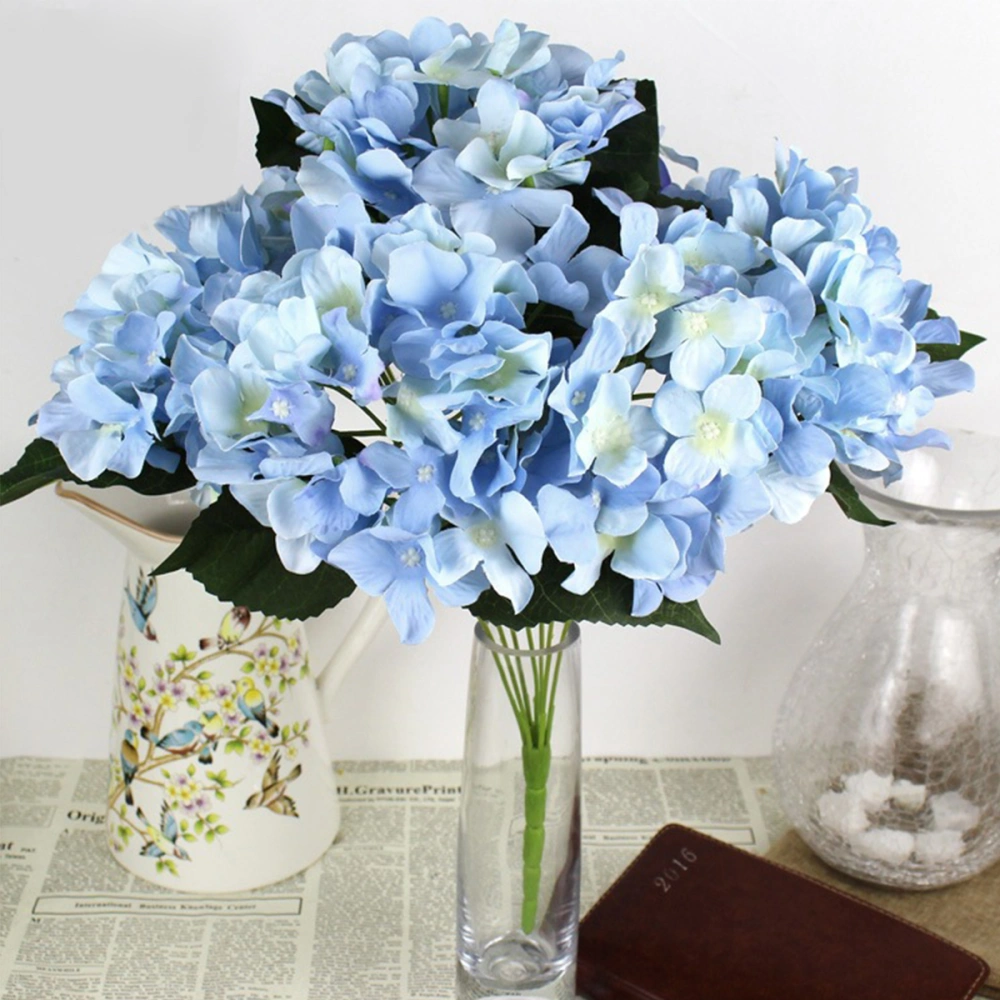 Real Touch Artificial Mini Cloth Hydrangea High Simulation Fake Flowers 5 Heads Home Office Wedding Bridal Bouquet Decorations (Blue)