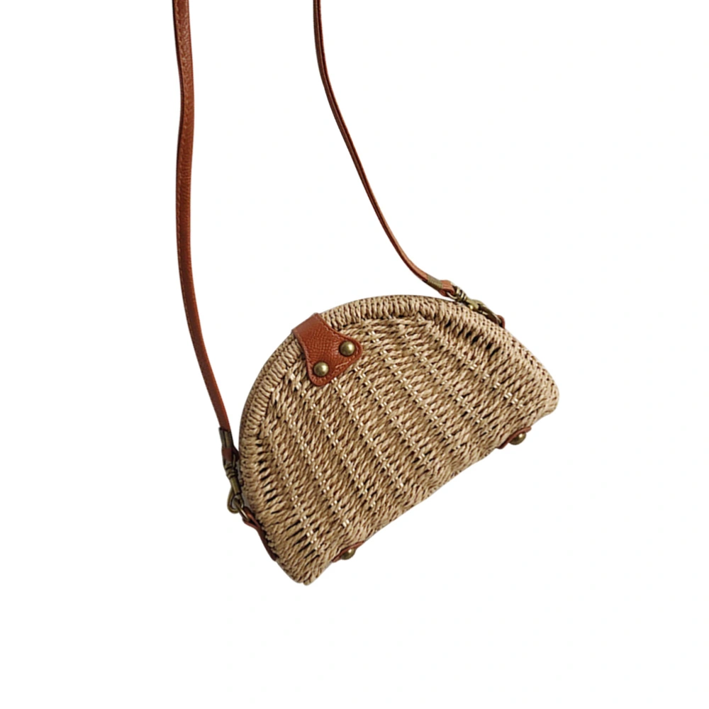 Handmade Rattan Bag Straw Bag for Women Woven Magnetic Snap Semicircle Shape Crossbody Bag Beach Bag (Khaki)