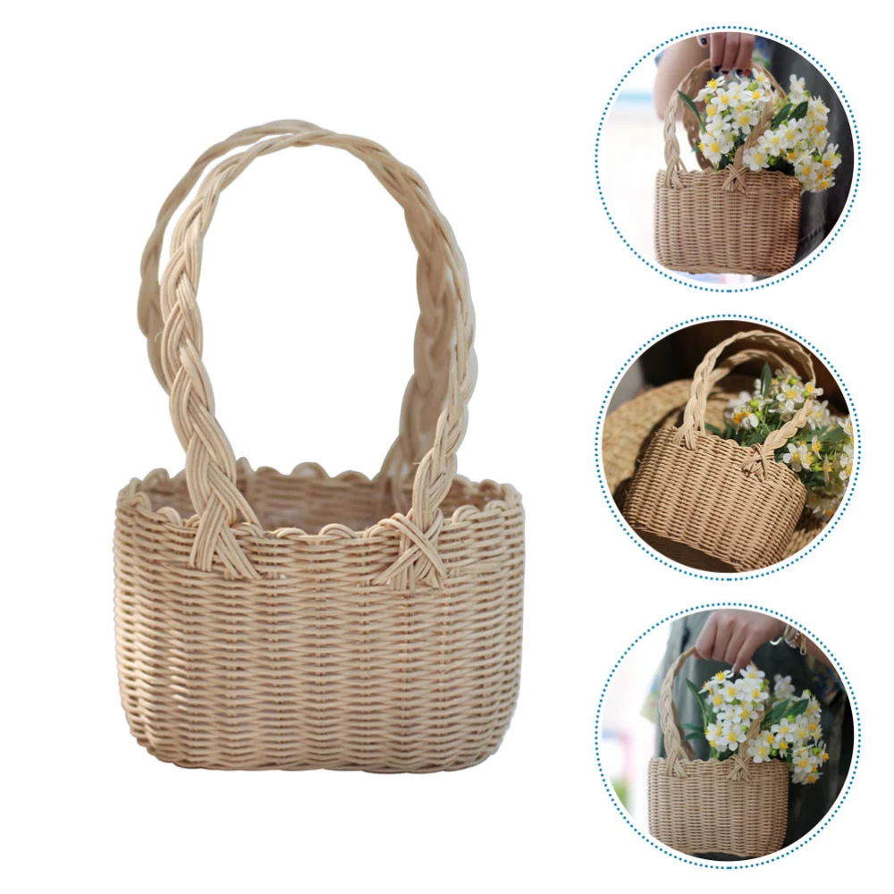 1Pc Hand Woven Handheld Imitation Flower Basket Chic Photography Prop (Khaki)