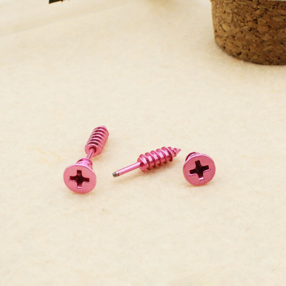 Pair of Screw Earrings Stainless Steel Punk Hip-hop Screw Spike Rivet Nail Unisex Piercing Ear Studs for Men Women (Pink)