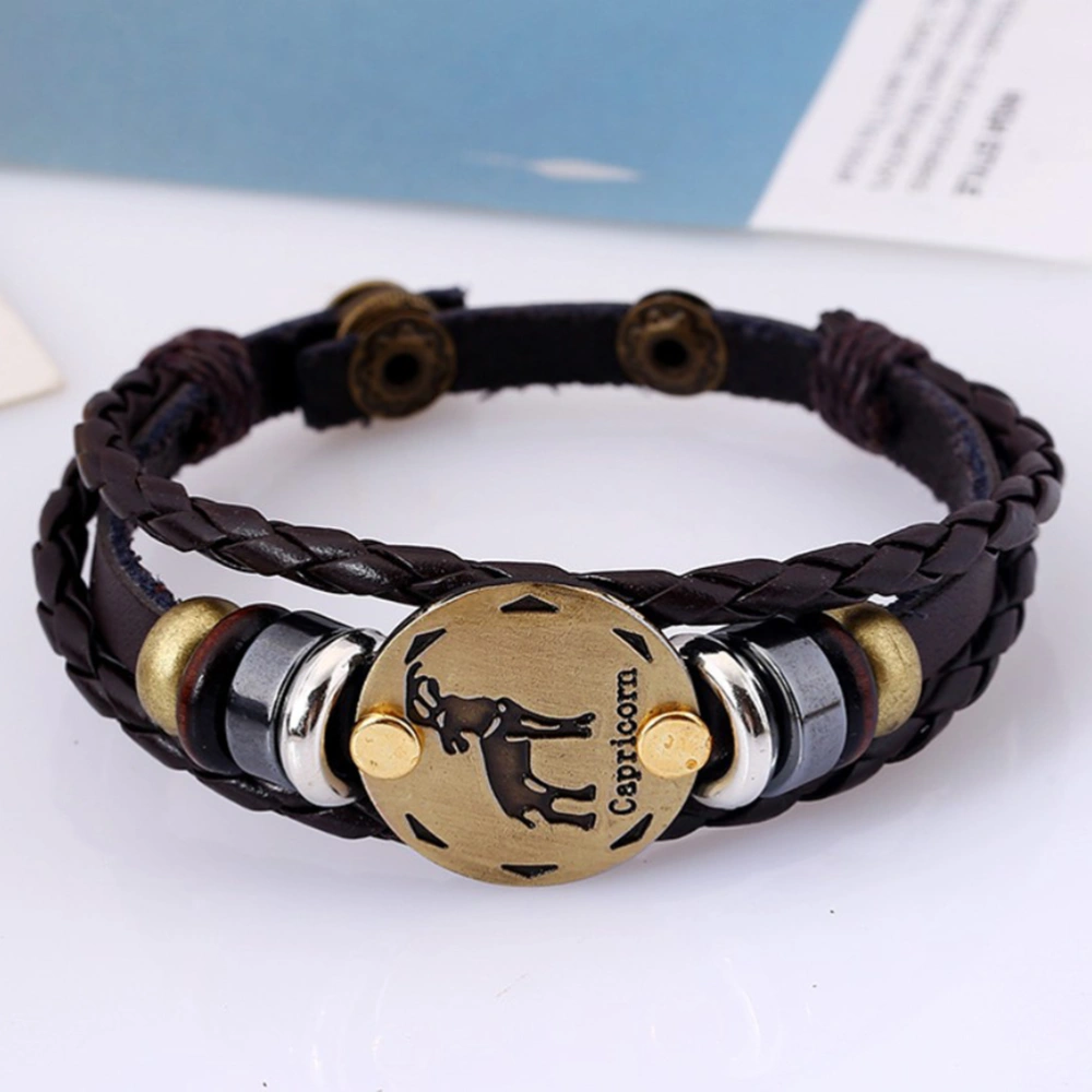 Braided Leather Rope Birthday Constellation Bracelet Alloy Bead Clasp for Men Women Creative Adjustable Bracelet (Capricorn)