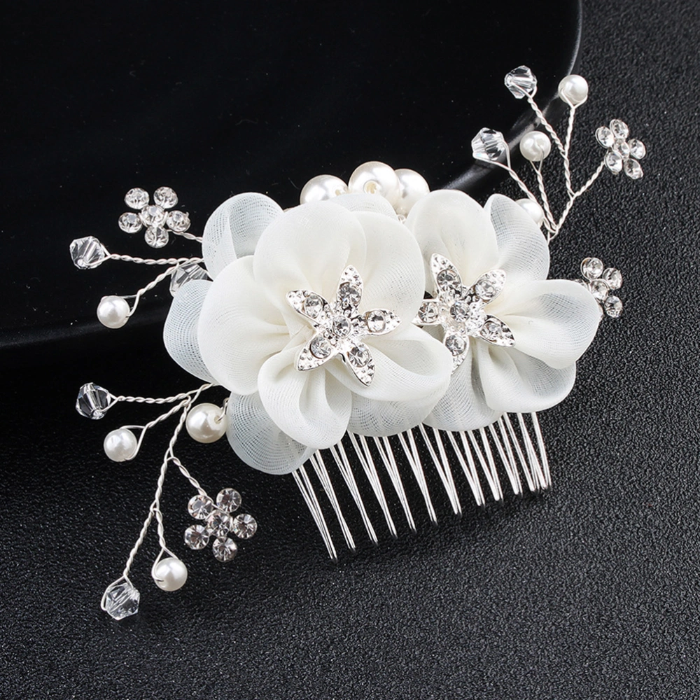 White Yarn Flower Hair Comb Alloy Floral Headdress Rhinestone Hair Accessories Elegant Crystal Photo Props Wedding Bridal Hair Decoration 