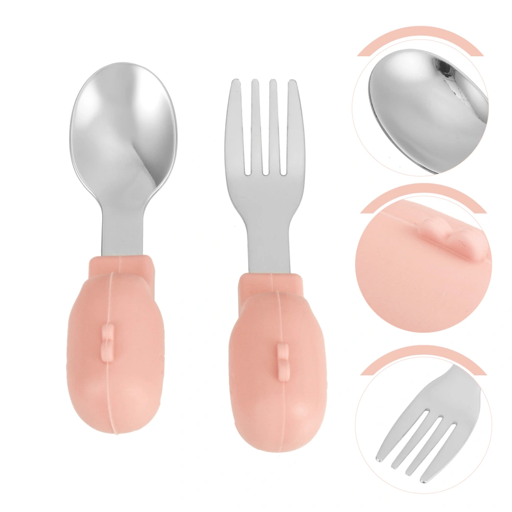 1 Set Baby Short Handle Spoon Stainless Steel Fork Infant Feeding Tableware