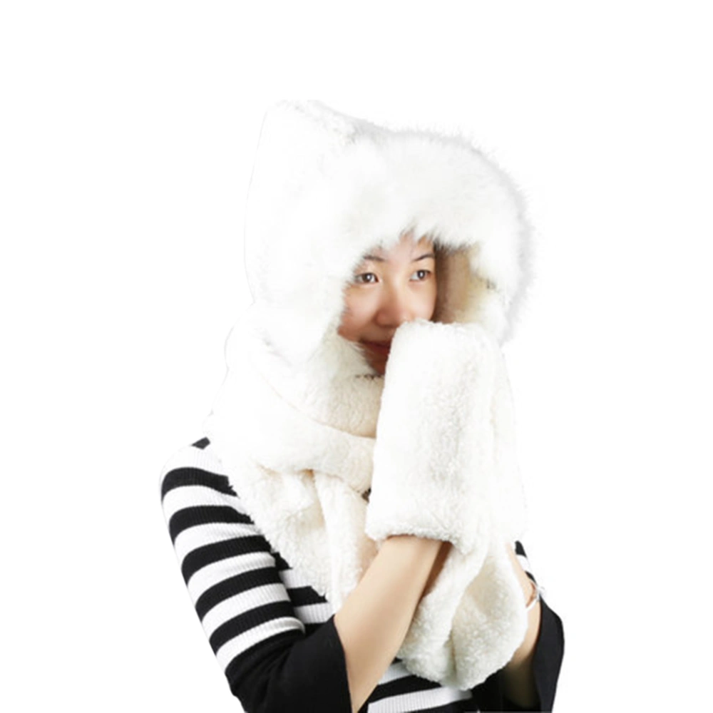 Women Girl Winter Warm Thickened Plush Three-Piece Hat Scarf Gloves (White)