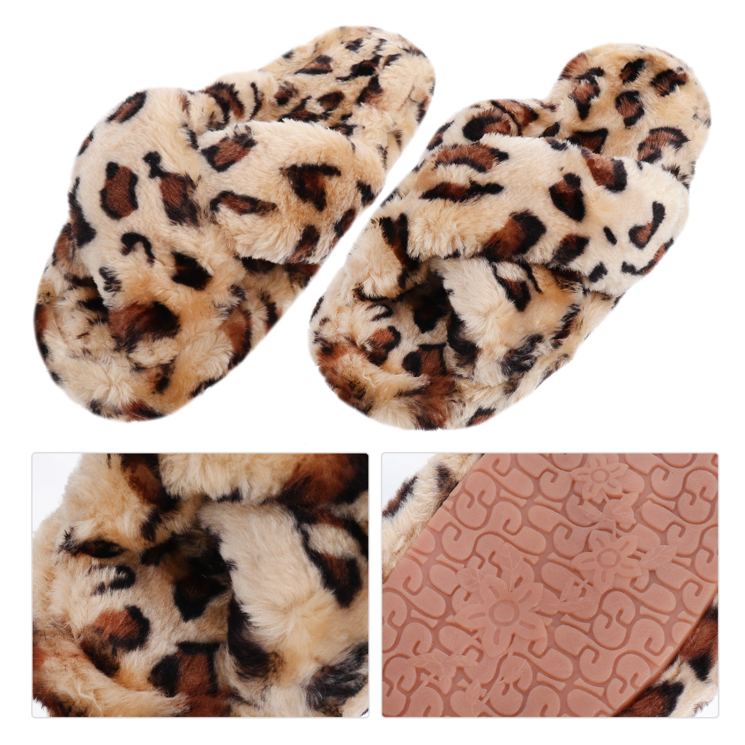 1 Pair Lovely Leopard Pattern Warm Slippers Plush Slippers for Woman Lady