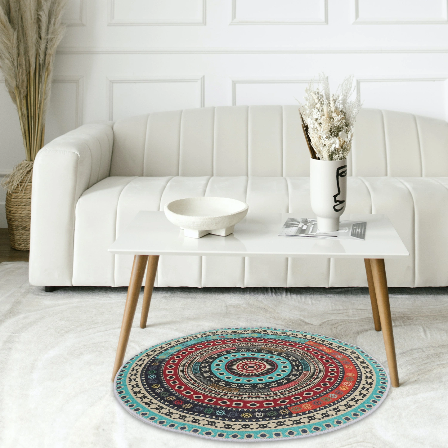 Boho Round Rug Washable Round Floor Rug Soft Circle Bedroom Rug Colorful Circular Carpet
