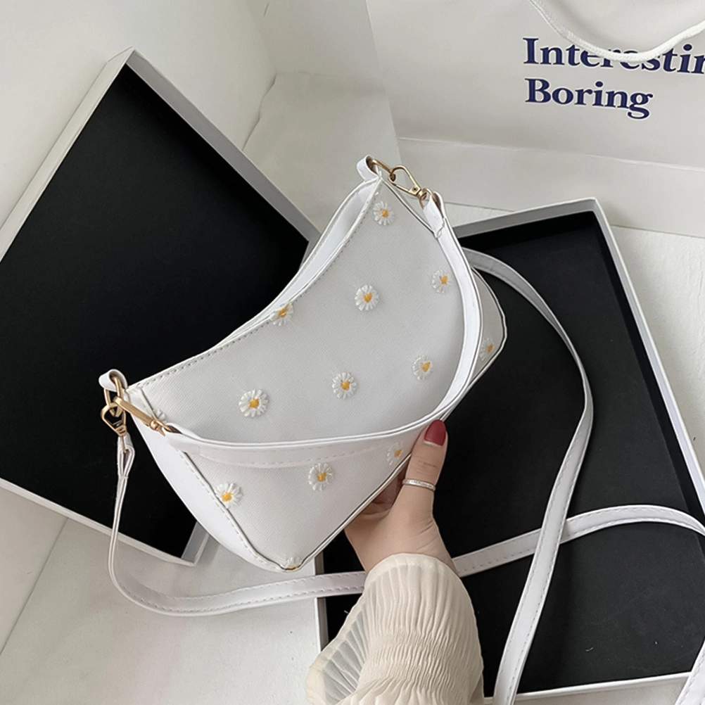 1Pc PU Handbag Chic Single Shoulder Bag Fashionable Messenger Bag Flower Pattern Cross Bag for Lady Girls (White)