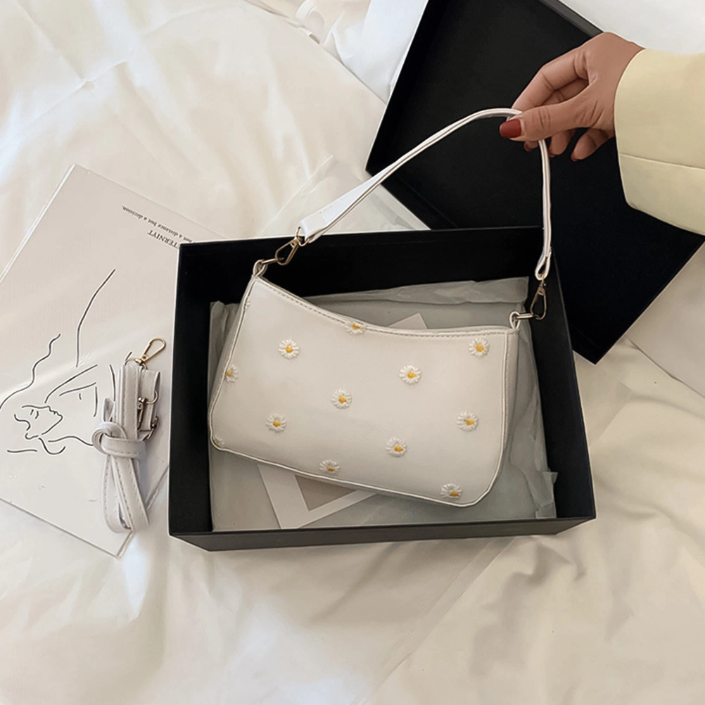 1Pc PU Handbag Chic Single Shoulder Bag Fashionable Messenger Bag Flower Pattern Cross Bag for Lady Girls (White)