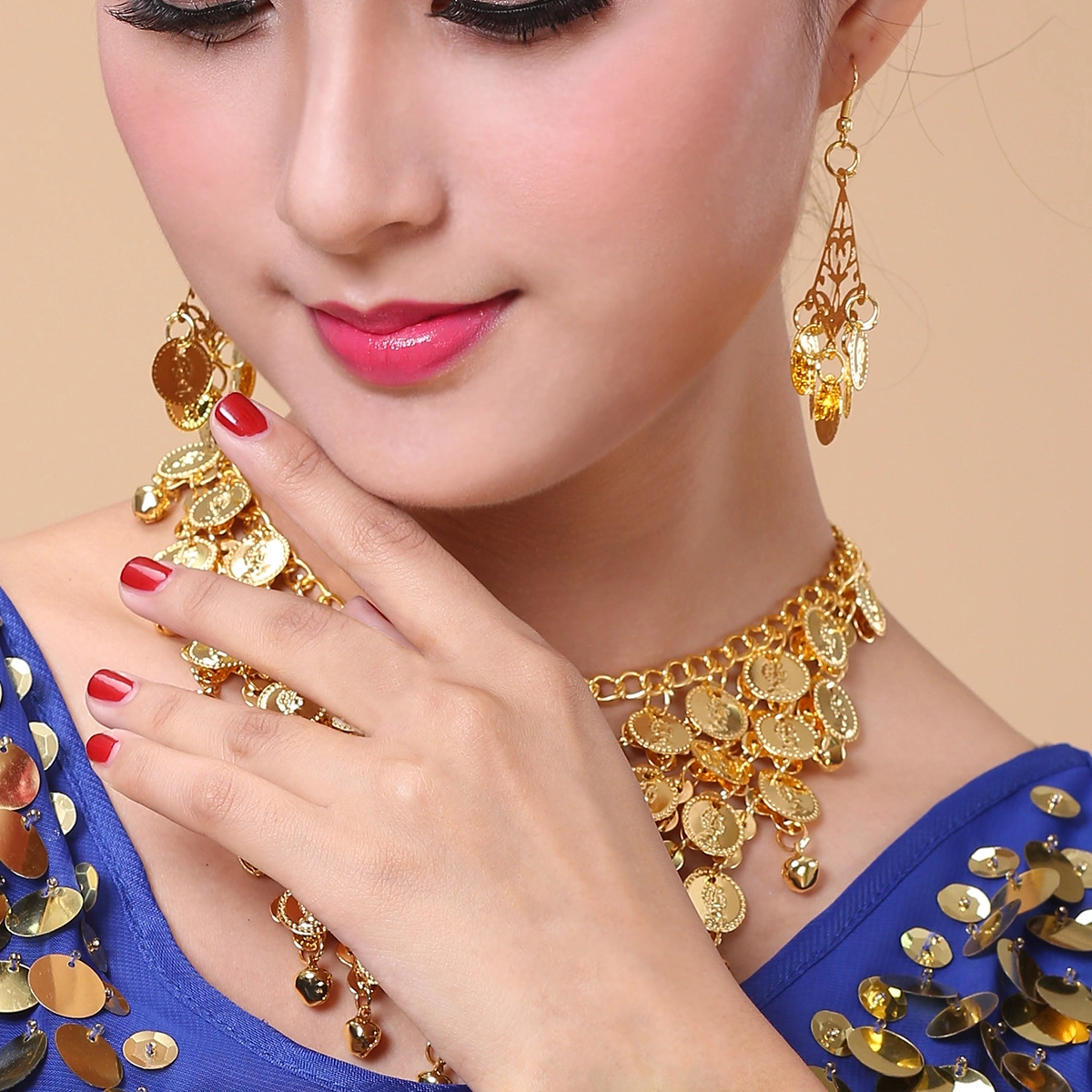 Two-Piece Belly Dance Jewelry Set Golden Coin Necklace Earring Kit (Gold)