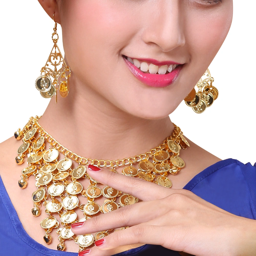 Two-Piece Belly Dance Jewelry Set Golden Coin Necklace Earring Kit (Gold)