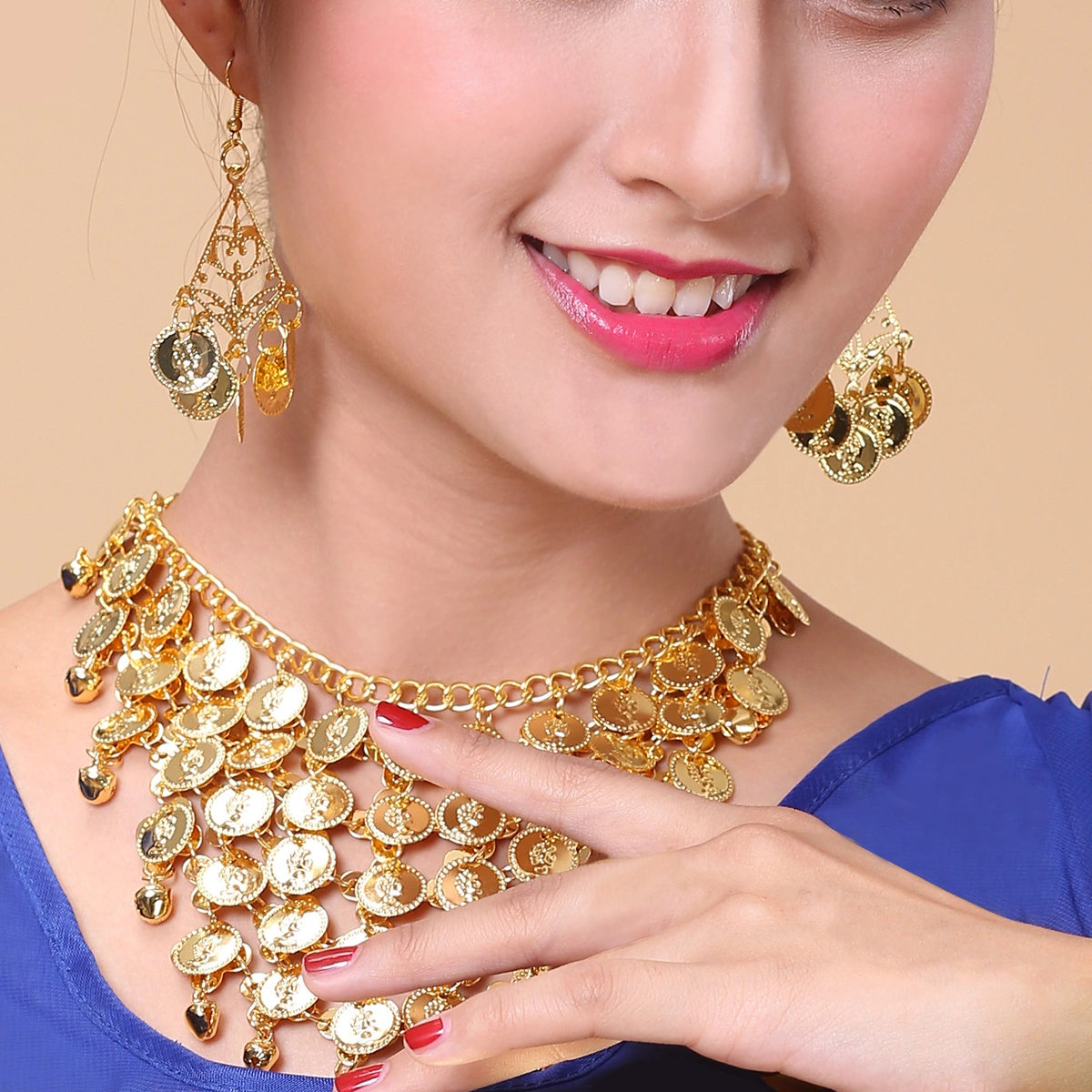 Two-Piece Belly Dance Jewelry Set Golden Coin Necklace Earring Kit (Gold)