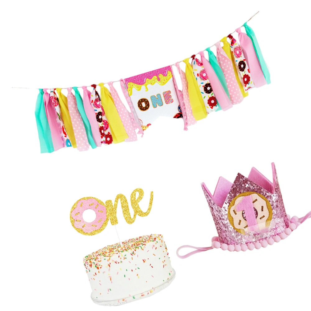 1 Set of 3pcs Baby One-year-old Dining Chair Flag ONE Printing Hanging Banners Cloth Doughnut Brithday Bunting for Home Store Decor Use