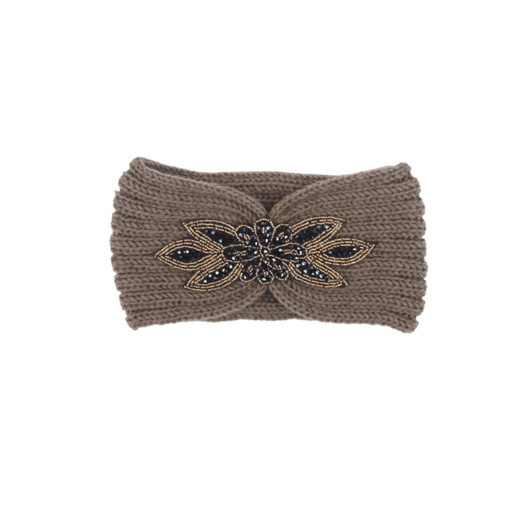 Knitted Headband Woolen Yarn Hair Hoops Winter Warm Hair Band Flower Pattern Headdress Minimalist Headwrap Khaki