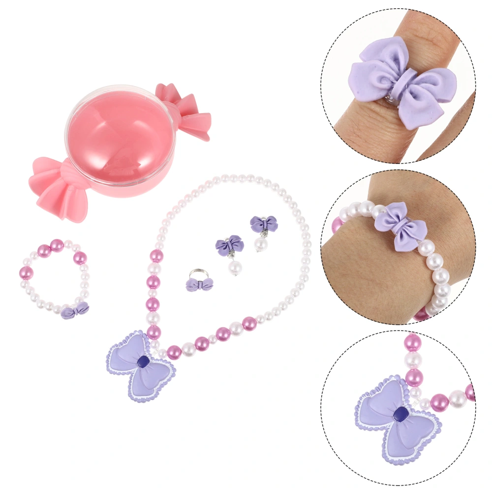 1 Set Girl Necklace Bracelet Ring Earrings Kid Party Bowknot Bracelet Decoration