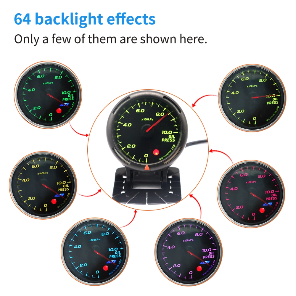 Modified Auto Car Instrument 12V 60mm 64 Color Backlight Adjustable 10 Bar Oil Pressure Gauge Car Meter with Sensor (Black)