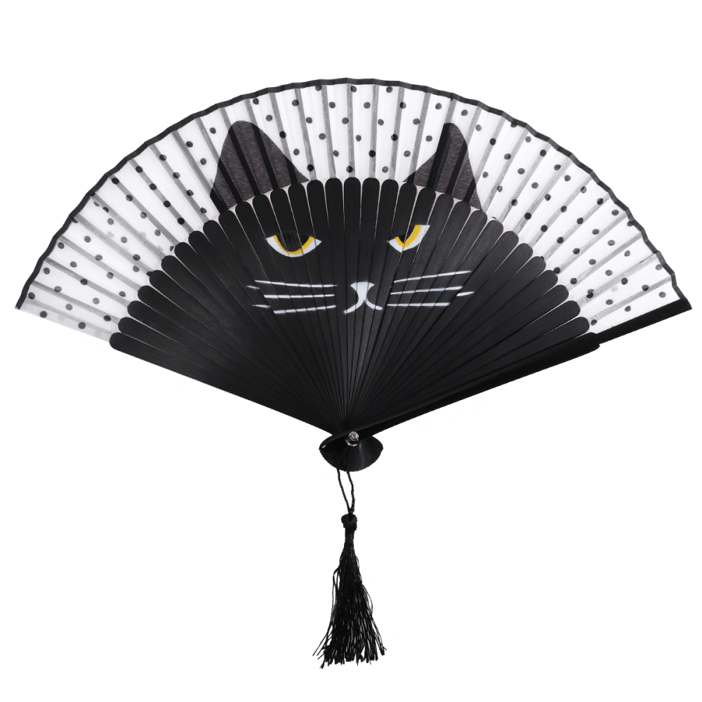 VORCOOL Women Cartoon Cat Folding Silk Fan Handheld Fan (Black)