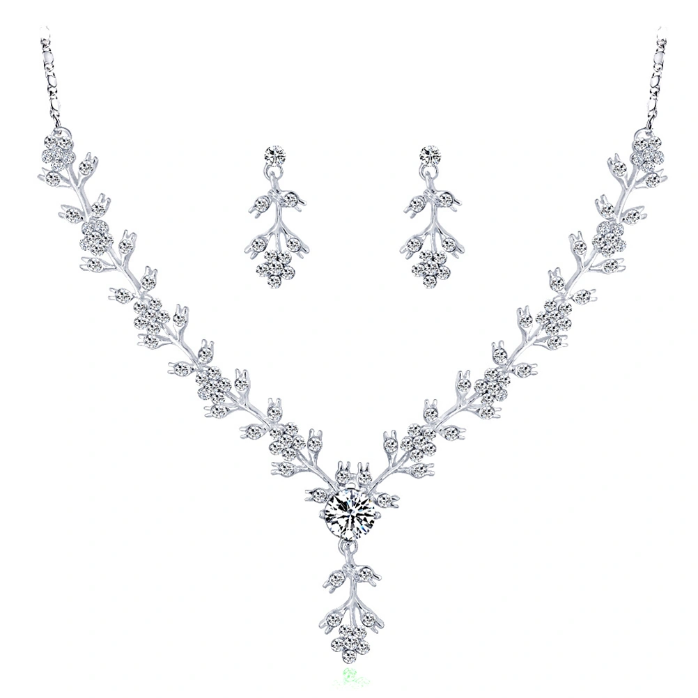 Bridal Wedding Necklace Set Accessories High-grade Catkins Crystal Necklace Earrings Jewelry Set (Silver)