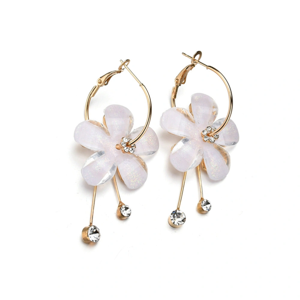 Stylish Elegant Korean Style Long Tassel Circle Transparent Flower Shape Earrings (White)