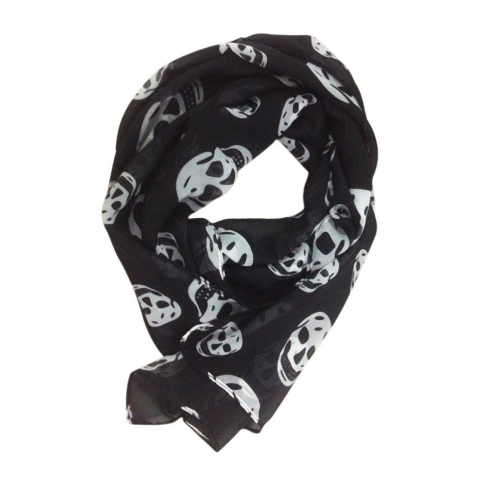 Fashion Women Skull Head Scarf Long Chiffon Scarf Shawl Wrap 165x70cm (Black and White)