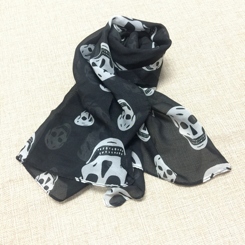 Fashion Women Skull Head Scarf Long Chiffon Scarf Shawl Wrap 165x70cm (Black and White)