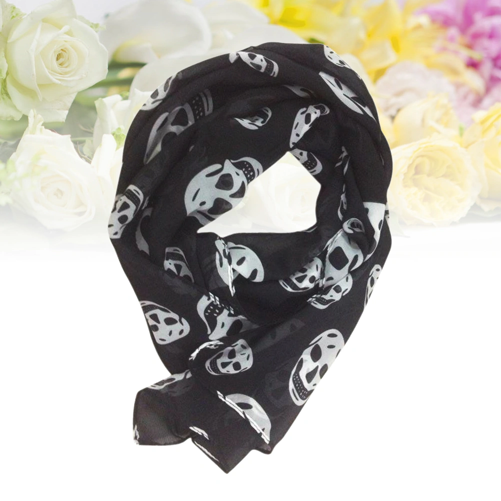 Fashion Women Skull Head Scarf Long Chiffon Scarf Shawl Wrap 165x70cm (Black and White)